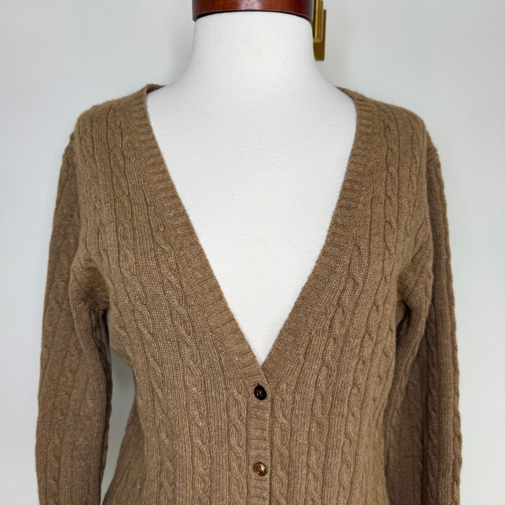 J.Crew Cable Knit Cardigan Sweater Camel Merino Wool Angora Cashmere L Preppy - Picture 2 of 9
